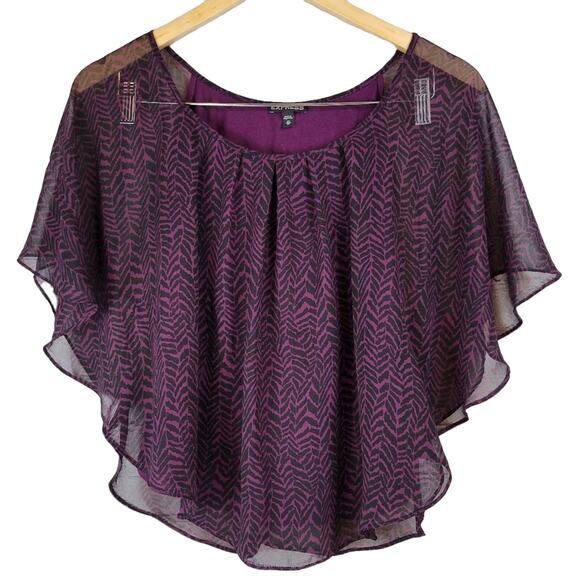 EXPRESS Purple Black Chevron Print Sheer Overlay‎ Capelet Blouse Top XS - Picture 1 of 6